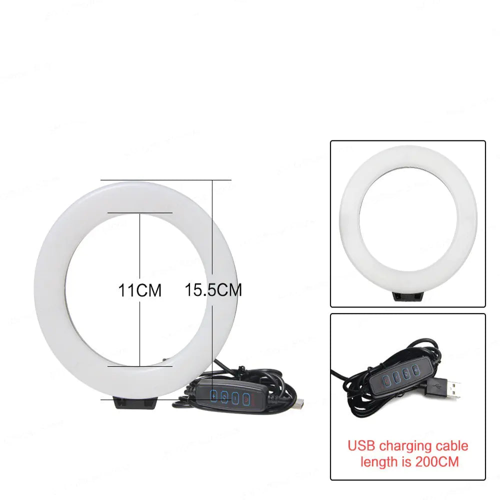 16cm LED Ring Fill Light with Tripod & Phone Holder – Adjustable 3200K–5600K Lighting for Streaming & Content Creation