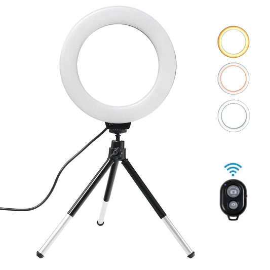 16cm LED Ring Fill Light with Tripod & Phone Holder – Adjustable 3200K–5600K Lighting for Streaming & Content Creation