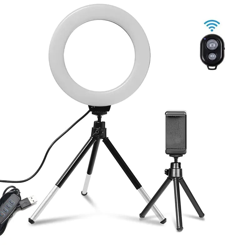 16cm LED Ring Fill Light with Tripod & Phone Holder – Adjustable 3200K–5600K Lighting for Streaming & Content Creation