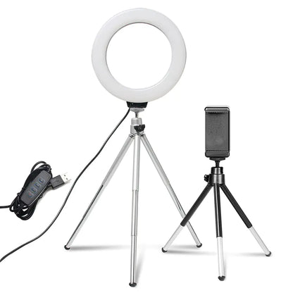 16cm LED Ring Fill Light with Tripod & Phone Holder – Adjustable 3200K–5600K Lighting for Streaming & Content Creation