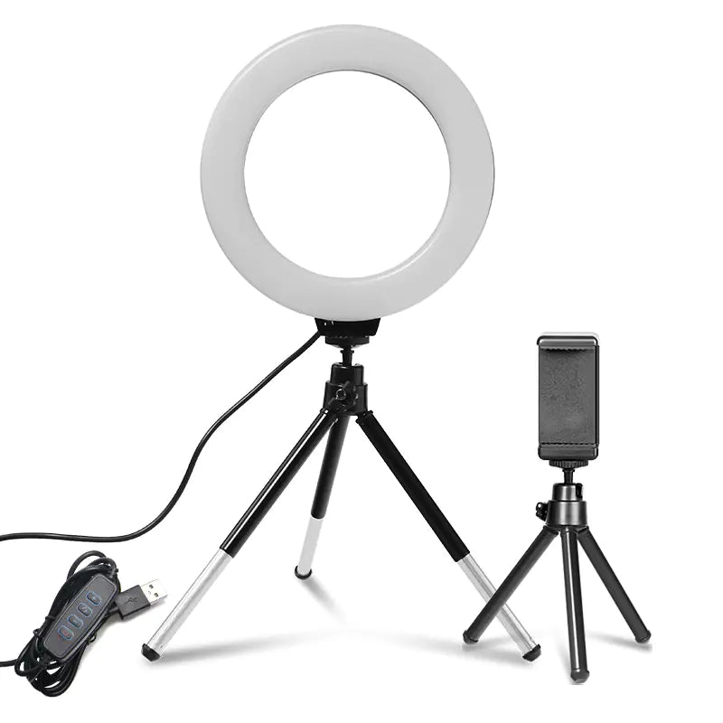 16cm LED Ring Fill Light with Tripod & Phone Holder – Adjustable 3200K–5600K Lighting for Streaming & Content Creation