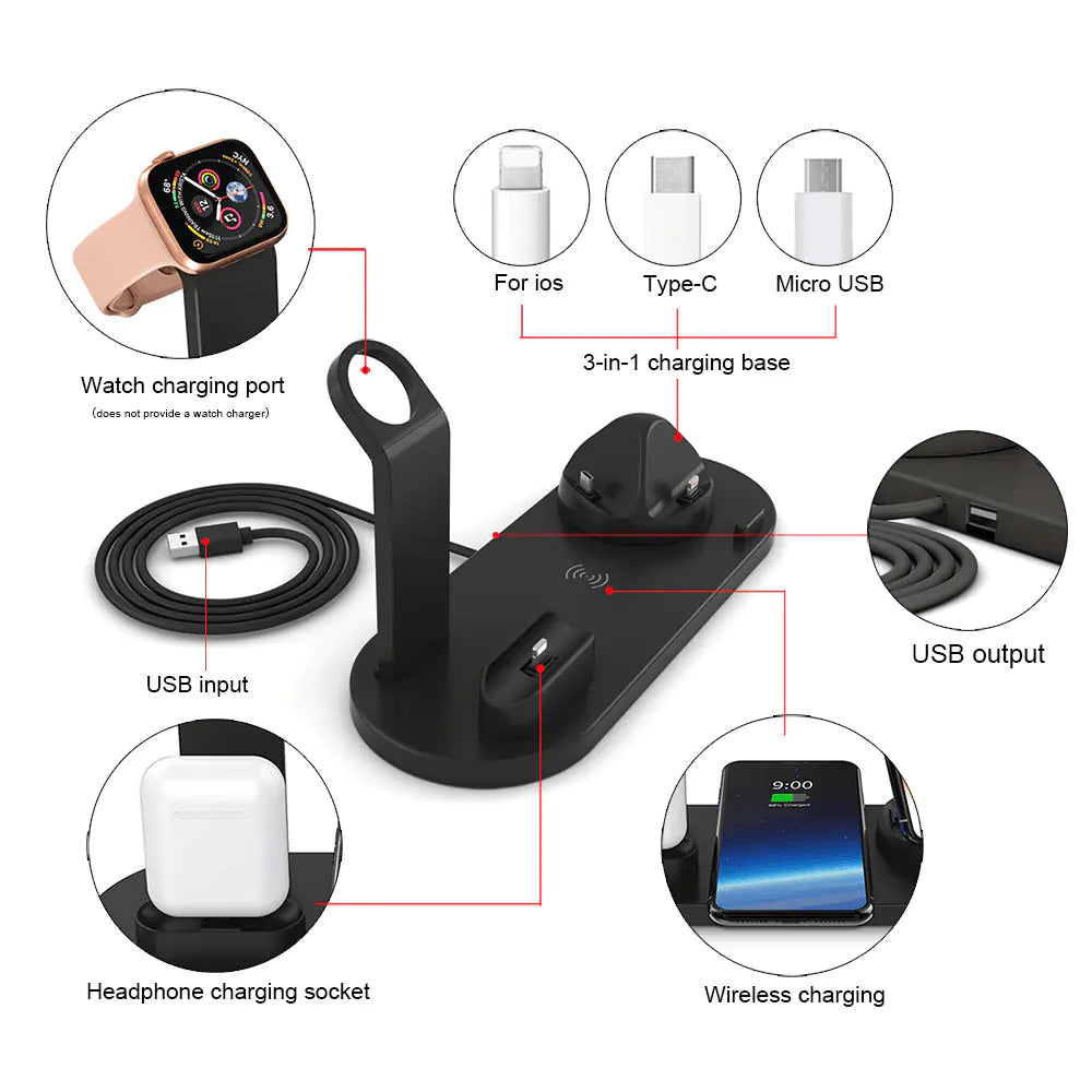 15W 4-in-1 Fast Wireless Charging Station for Phones, Watches & Earbuds