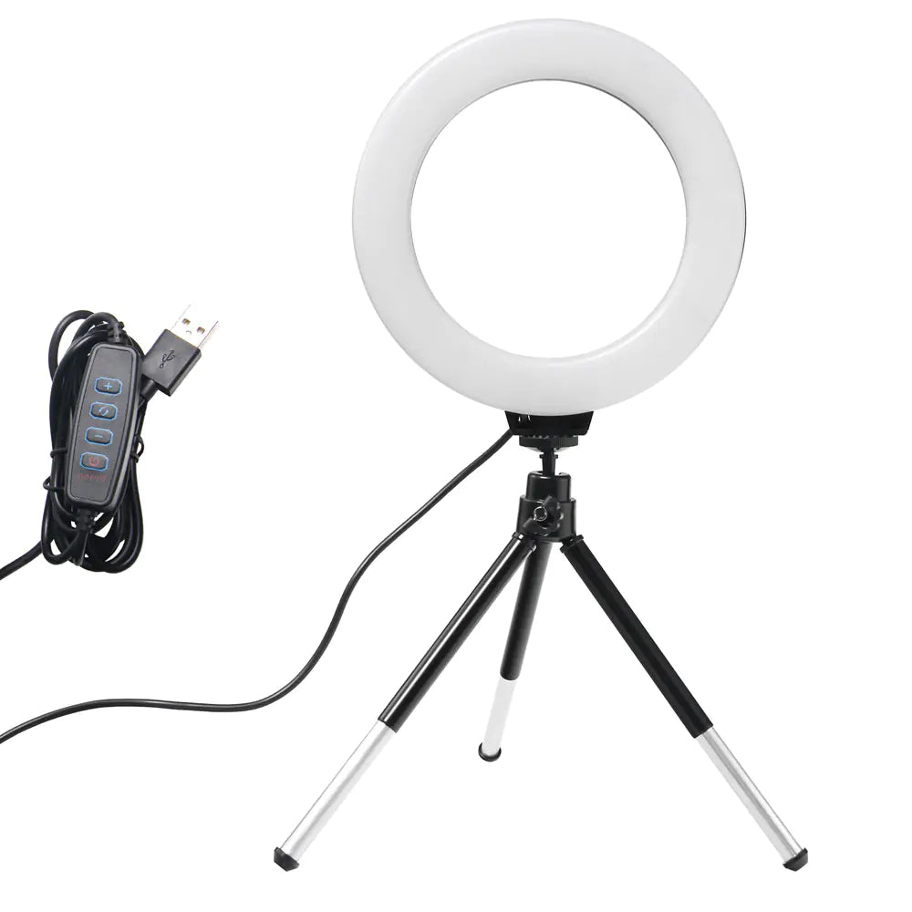 16cm LED Ring Fill Light with Tripod & Phone Holder – Adjustable 3200K–5600K Lighting for Streaming & Content Creation