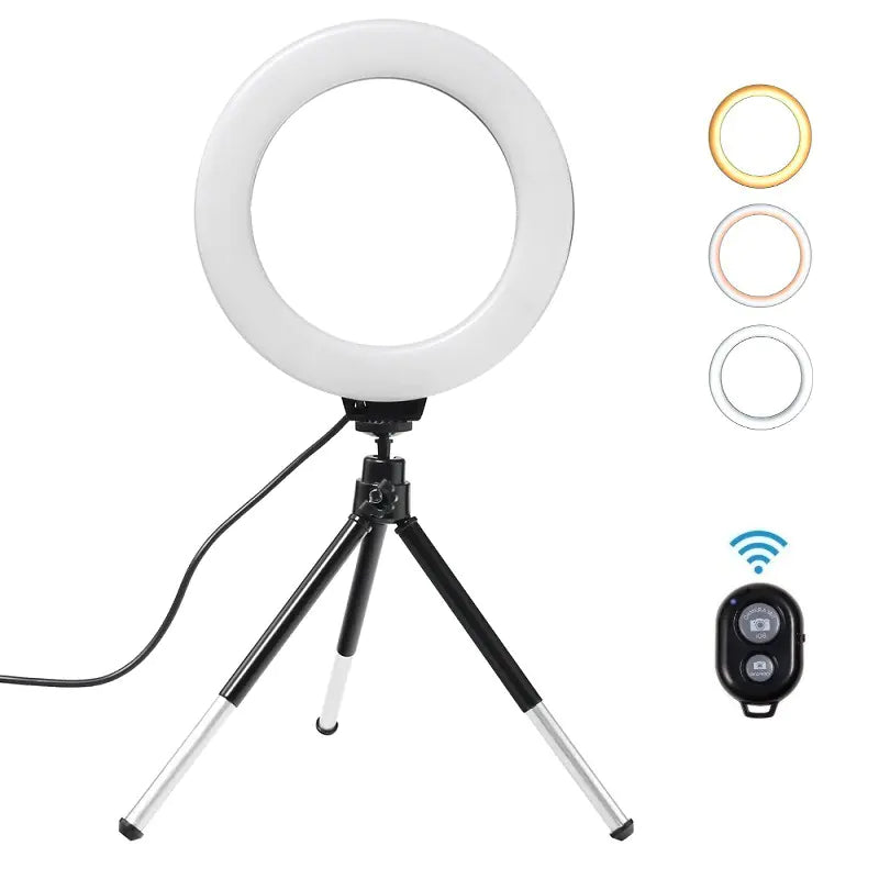 16cm LED Ring Fill Light with Tripod & Phone Holder – Adjustable 3200K–5600K Lighting for Streaming & Content Creation